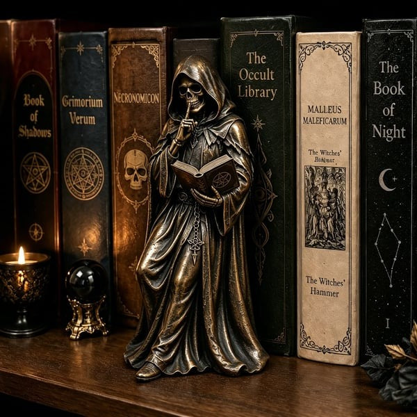 💀Gothic Grim Reaper Bookshelf Statue – Dark Academia Shelf Decor