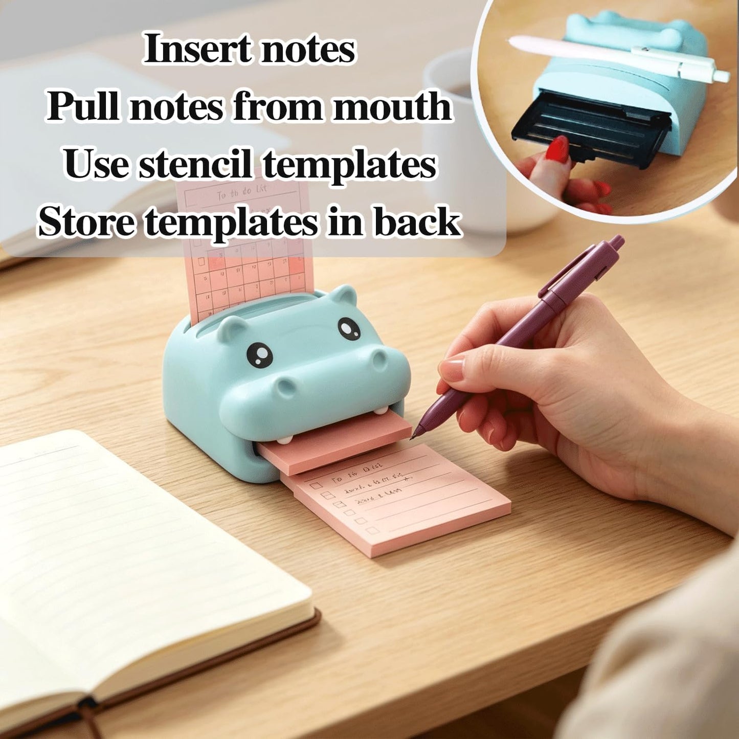 🔥Limited Time Enjoy 50% Discount🐮Cute Animal Sticky Note Holder, Multi‑Functional Desk Organizer with Pen Holder & 3 Stencil Templates (Highland Cow & Hippo 2 Styles)