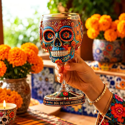 🔥Limited Time 50% OFF🍷 Day of the Dead Sugar Skull Wine Glass, Limited Edition Dia de los Muertos Art Glass Goblet