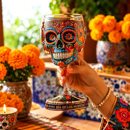 🔥Limited Time 50% OFF🍷 Day of the Dead Sugar Skull Wine Glass, Limited Edition Dia de los Muertos Art Glass Goblet