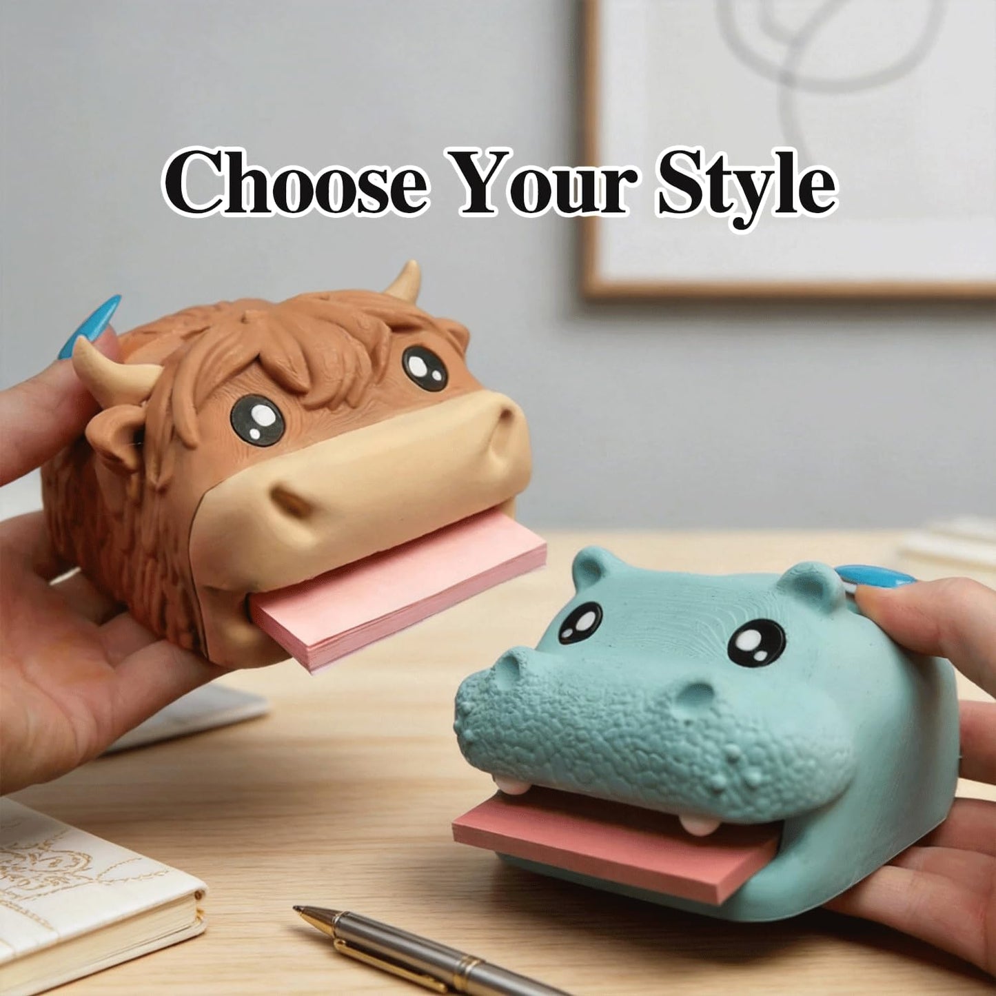 🔥Limited Time Enjoy 50% Discount🐮Cute Animal Sticky Note Holder, Multi‑Functional Desk Organizer with Pen Holder & 3 Stencil Templates (Highland Cow & Hippo 2 Styles)