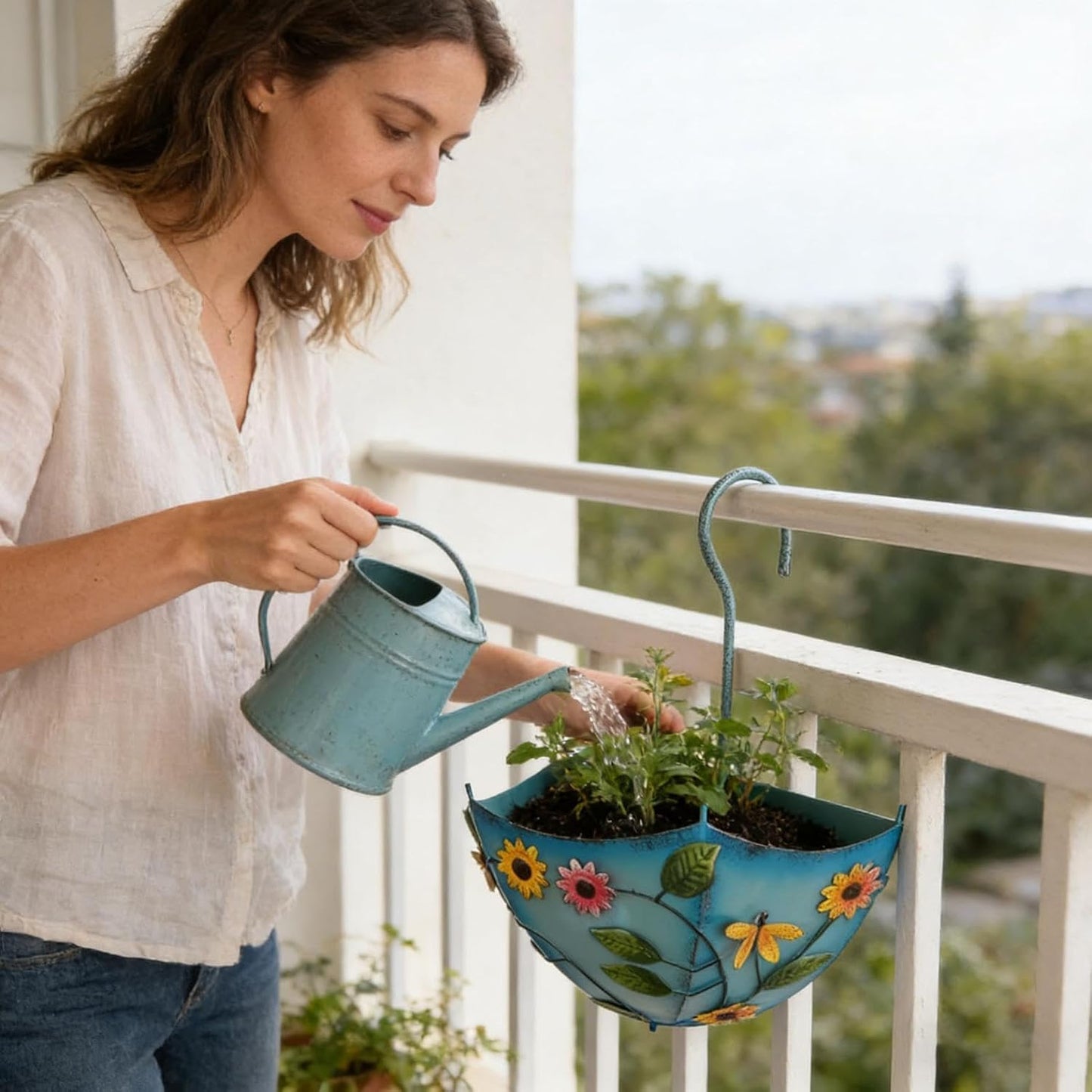 Metal Umbrella Hanging Planter, Embossed Floral Wall Fence Rail Flower Pot
