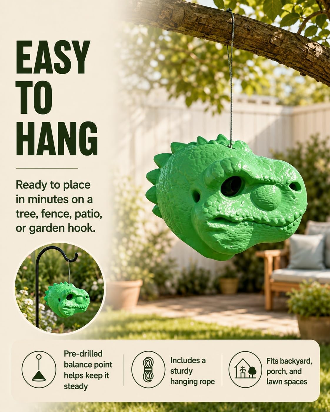 🤣Funny T-Rex Dinosaur Head Squirrel Feeder, Hanging Outdoor Backyard Nut & Seed Feeder