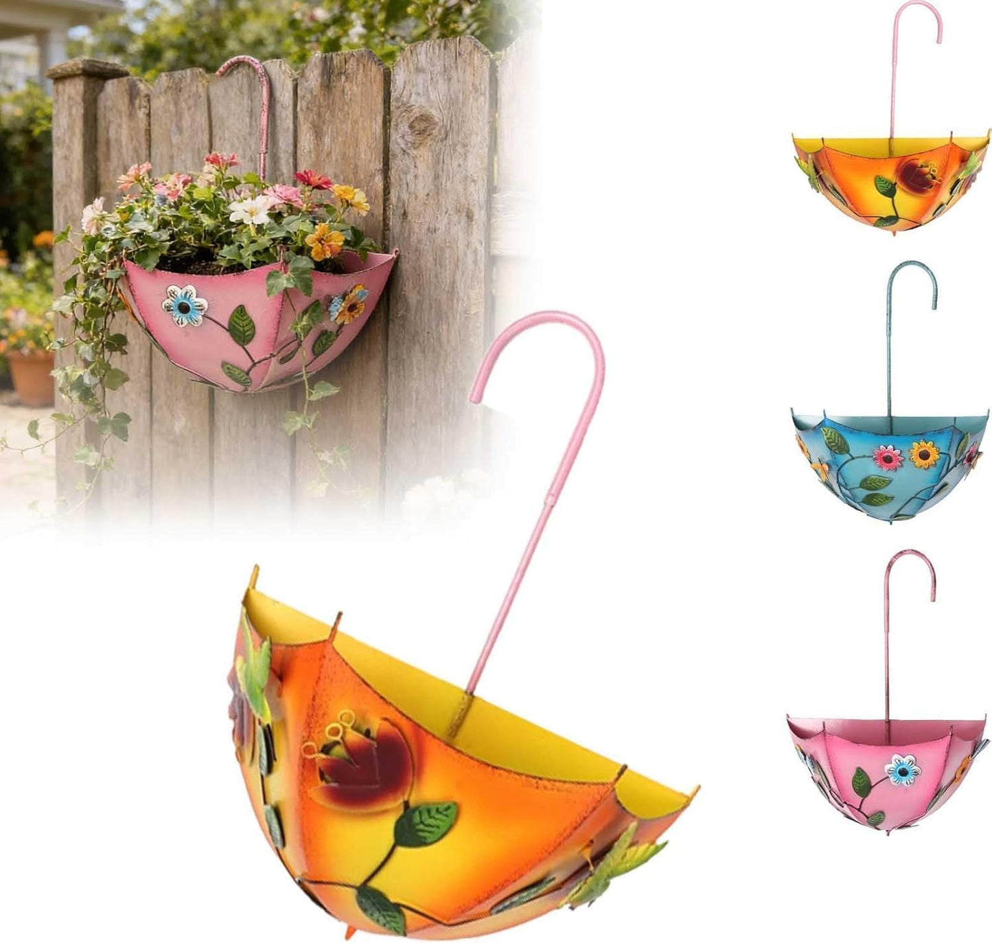 Metal Umbrella Hanging Planter, Embossed Floral Wall Fence Rail Flower Pot
