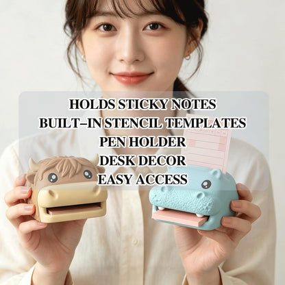 🔥Limited Time Enjoy 50% Discount🐮Cute Animal Sticky Note Holder, Multi‑Functional Desk Organizer with Pen Holder & 3 Stencil Templates (Highland Cow & Hippo 2 Styles)