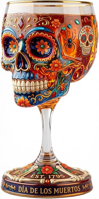 🔥Limited Time 50% OFF🍷 Day of the Dead Sugar Skull Wine Glass, Limited Edition Dia de los Muertos Art Glass Goblet