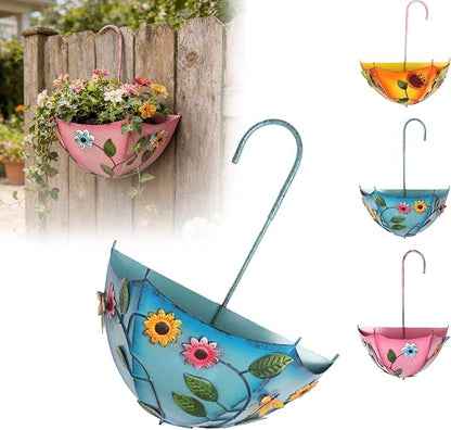Metal Umbrella Hanging Planter, Embossed Floral Wall Fence Rail Flower Pot