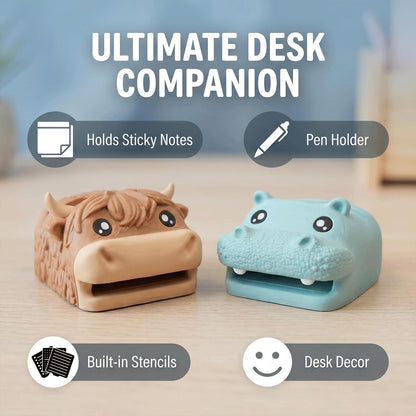 🔥Limited Time Enjoy 50% Discount🐮Cute Animal Sticky Note Holder, Multi‑Functional Desk Organizer with Pen Holder & 3 Stencil Templates (Highland Cow & Hippo 2 Styles)