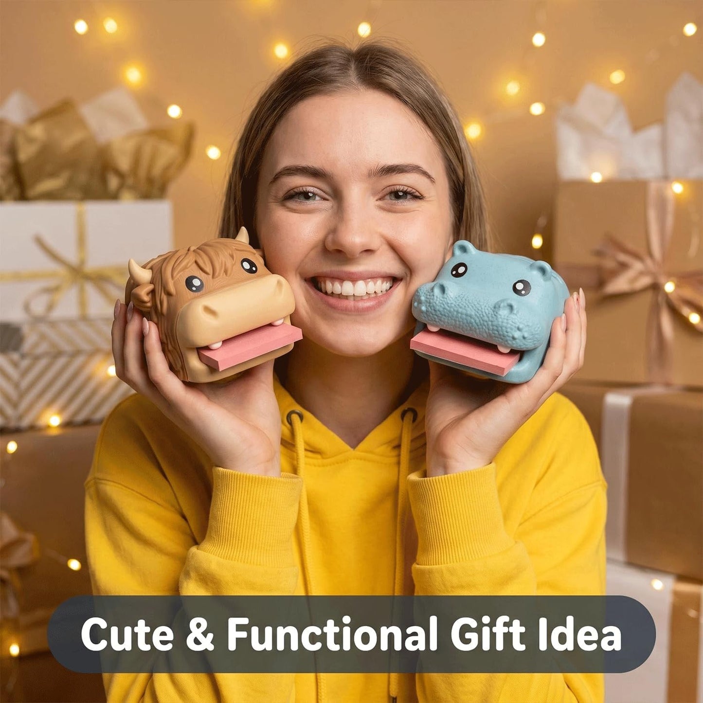 🔥Limited Time Enjoy 50% Discount🐮Cute Animal Sticky Note Holder, Multi‑Functional Desk Organizer with Pen Holder & 3 Stencil Templates (Highland Cow & Hippo 2 Styles)