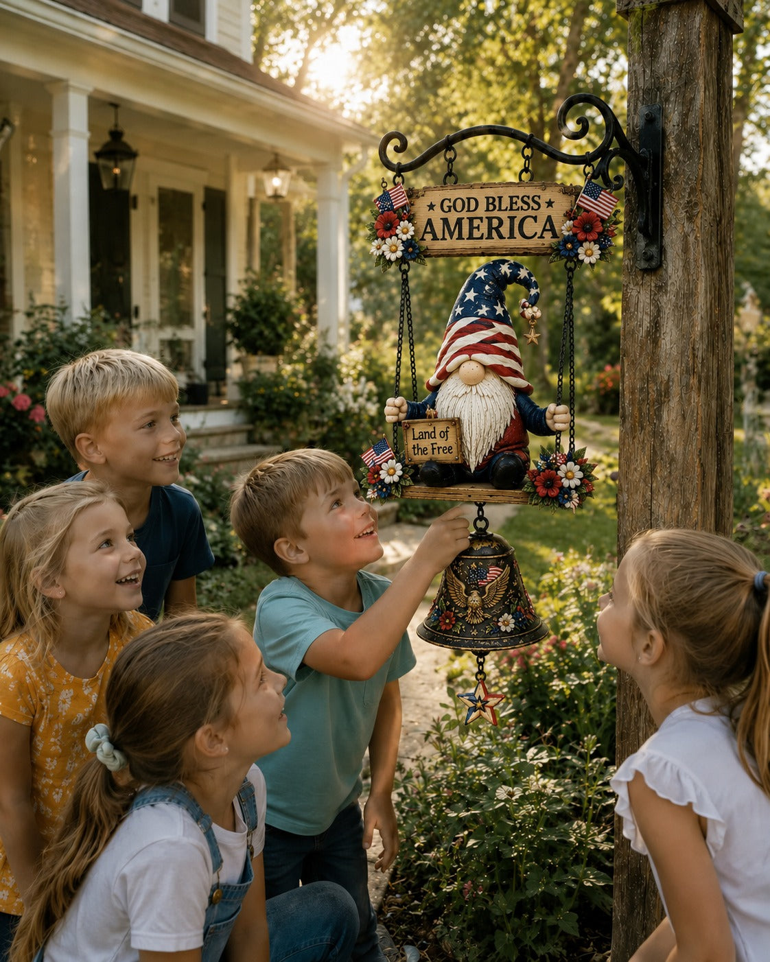 Patriotic Gnome Welcome Bell｜Americana Porch & Garden Hanging Decor
