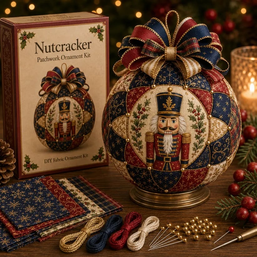 🎄Christmas Classics Patchwork Ornament DIY Kit🎁Includes Ornament Form, Fabric Pieces, Decorative Materials & Instructions