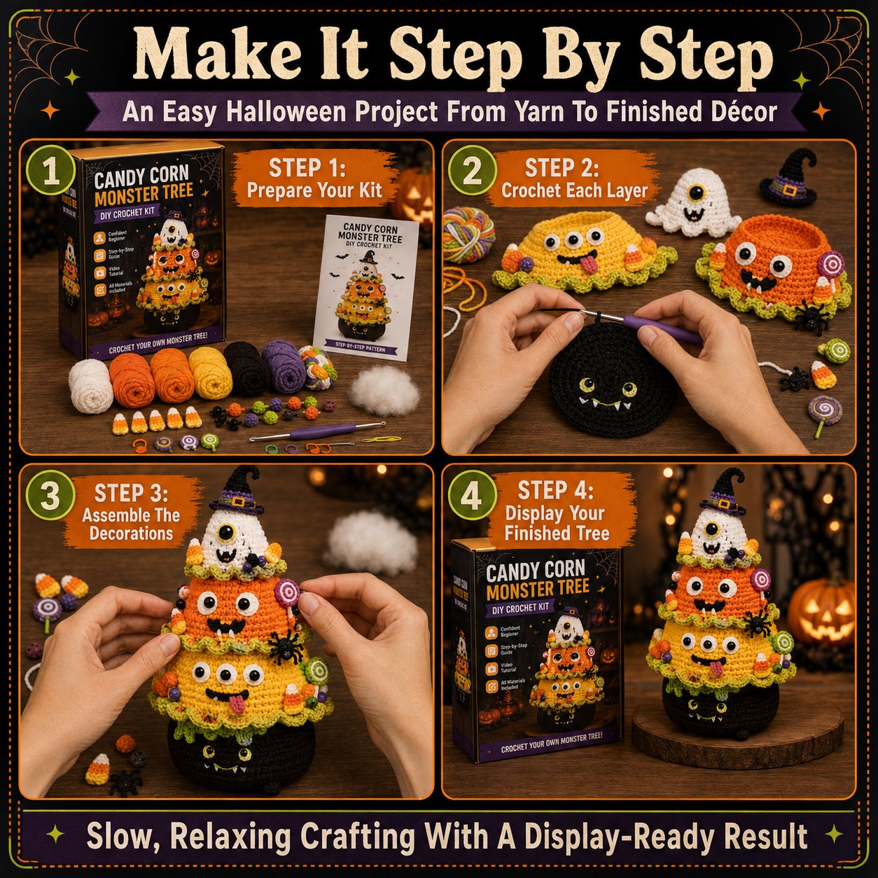 Halloween Tree DIY Crochet Kit | All-In-One Kit for a Layered 7-Inch Spooky Tabletop Decoration 🧶👻✨