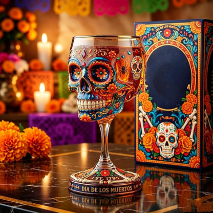 🔥Limited Time 50% OFF🍷 Day of the Dead Sugar Skull Wine Glass, Limited Edition Dia de los Muertos Art Glass Goblet
