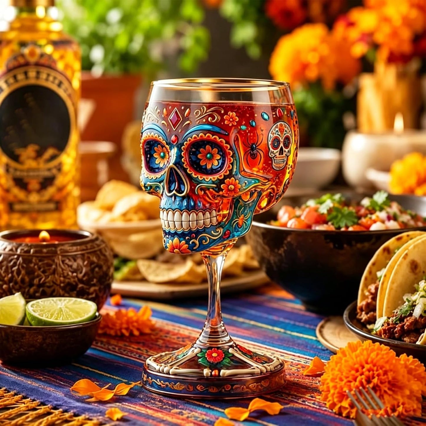 🔥Limited Time 50% OFF🍷 Day of the Dead Sugar Skull Wine Glass, Limited Edition Dia de los Muertos Art Glass Goblet