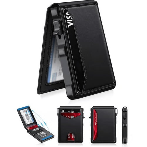 ⚡70K+ SOLD !-Wallet for Men - with Pop Up Aluminum Case Money Clip Slim Leather Slots Credit Card Holder RFID Blocking Bifold Minimalist Wallet