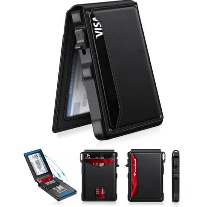 ⚡70K+ SOLD !-Wallet for Men - with Pop Up Aluminum Case Money Clip Slim Leather Slots Credit Card Holder RFID Blocking Bifold Minimalist Wallet