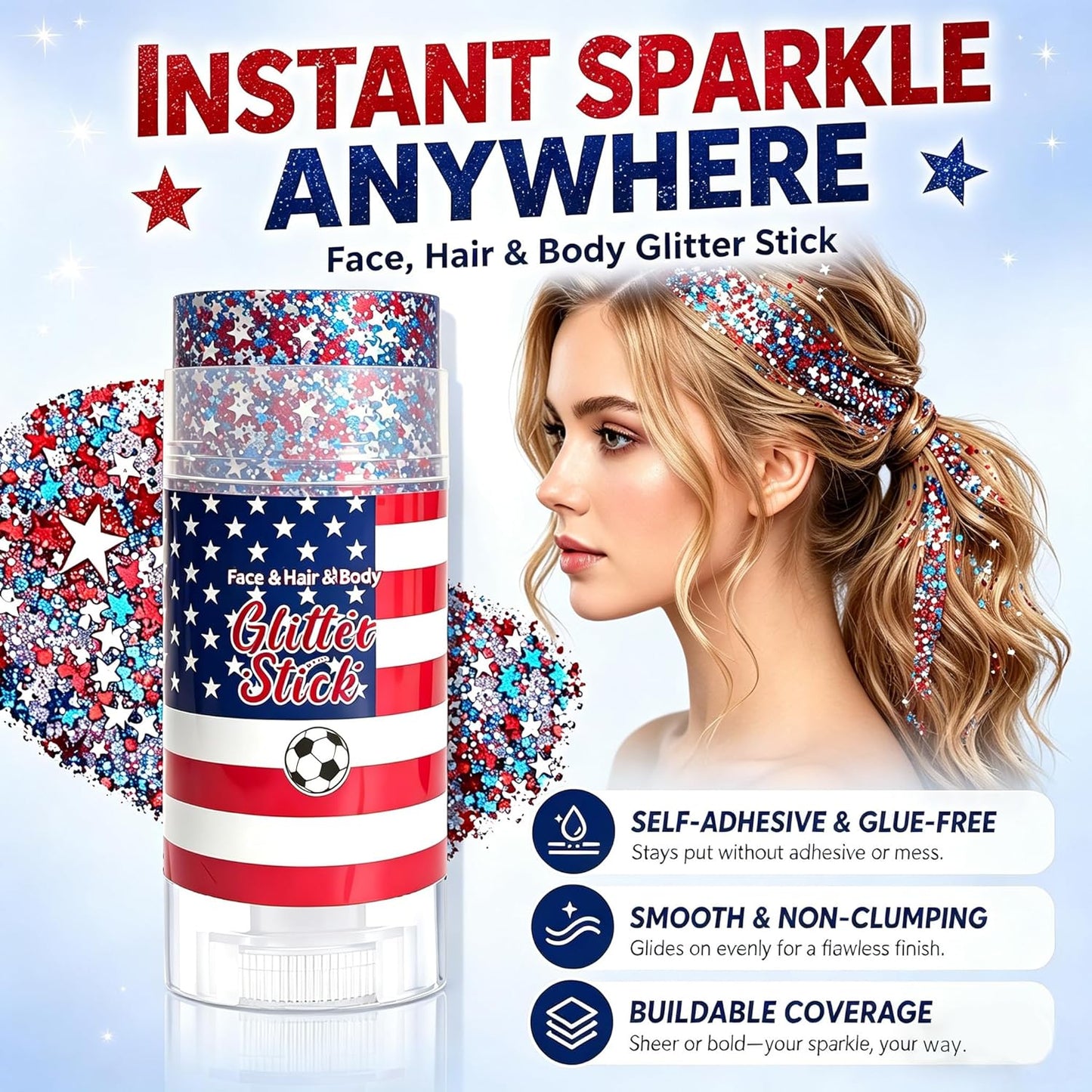 🔥Limited-time 50% off🎉Patriotic Red White Blue Glitter Stick, Face Hair & Body Glitter Gel for Fourth of July, Party, Festival & Makeup (11 Styles)