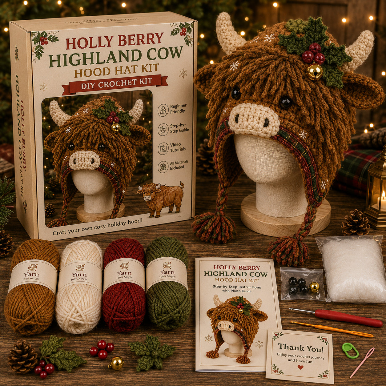 Christmas Highland Cow Hood Hat DIY Crochet Kit™