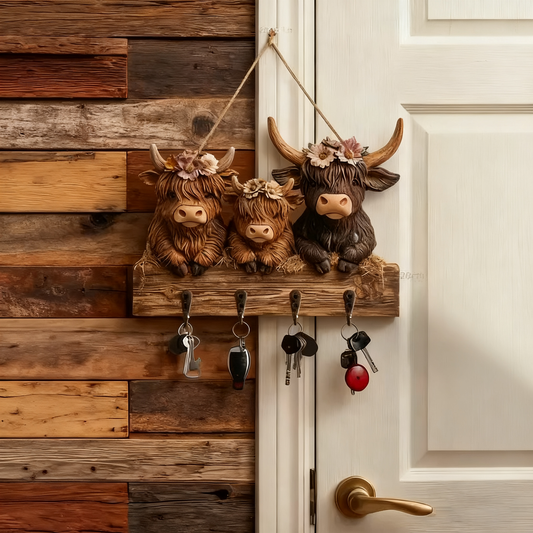 🐮2D- Rustic Highland Cow Wooden Family Key Holder Hanging Ornament with 4 Hooks