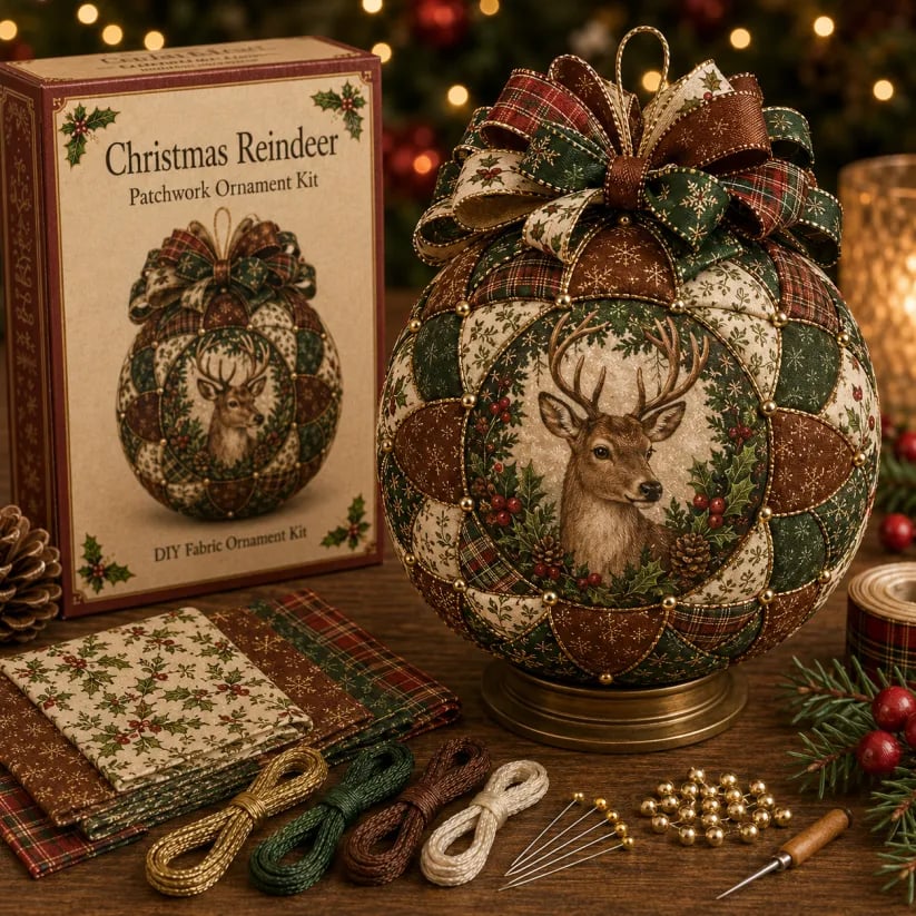 🎄Christmas Classics Patchwork Ornament DIY Kit🎁Includes Ornament Form, Fabric Pieces, Decorative Materials & Instructions