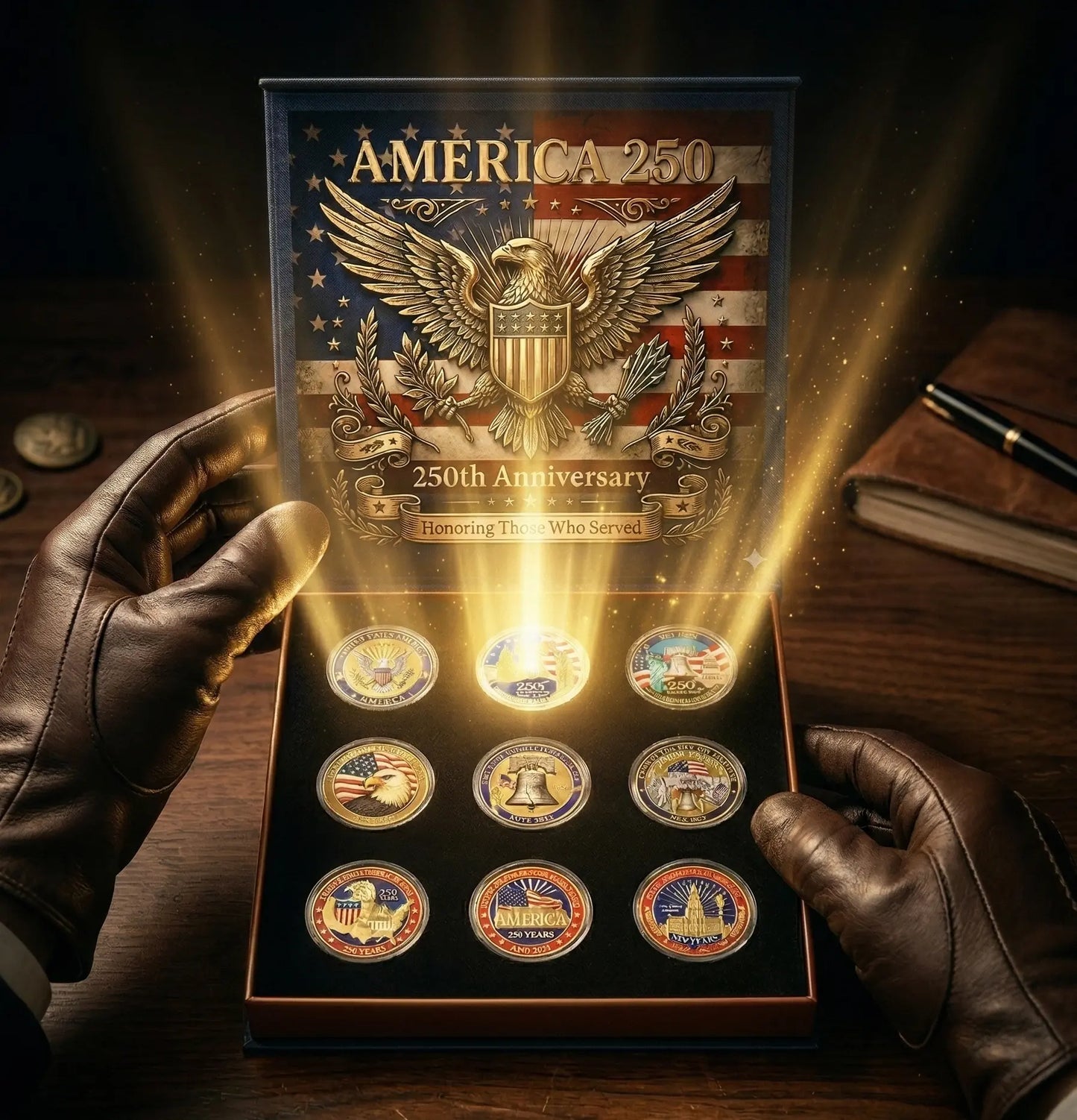 🔥Last Day 69% OFF🔥9PCS USA 250th Anniversary Commemorative Coin Gift Set, 2026 Patriotic Gift for Veterans, 250th Anniversary Collectors