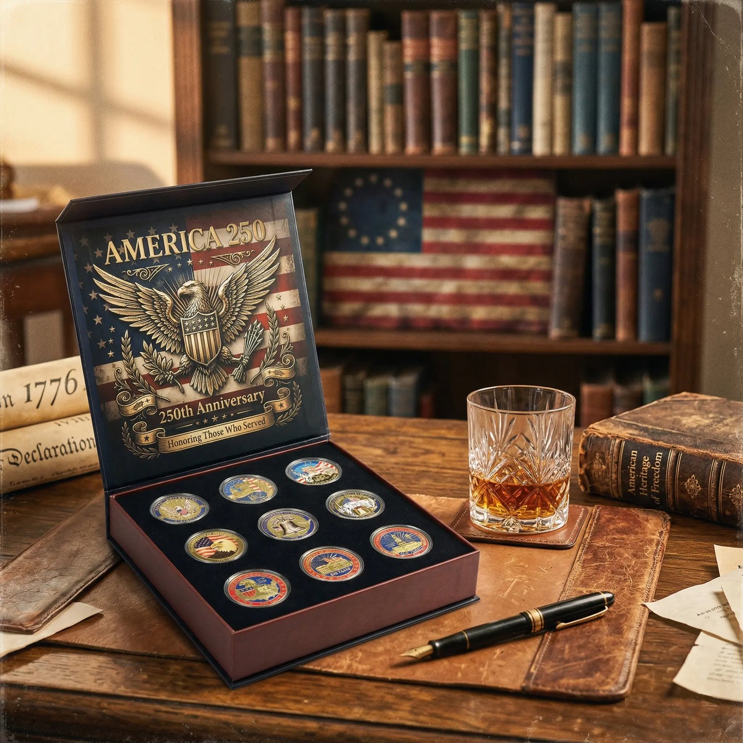🔥Last Day 69% OFF🔥9PCS USA 250th Anniversary Commemorative Coin Gift Set, 2026 Patriotic Gift for Veterans, 250th Anniversary Collectors