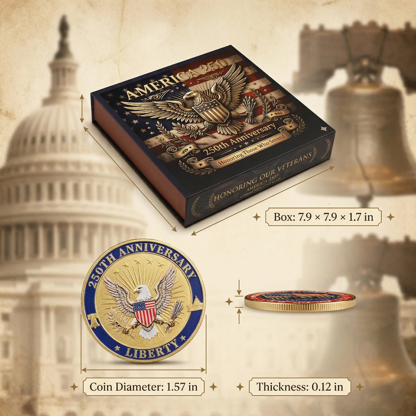 🔥Last Day 69% OFF🔥9PCS USA 250th Anniversary Commemorative Coin Gift Set, 2026 Patriotic Gift for Veterans, 250th Anniversary Collectors