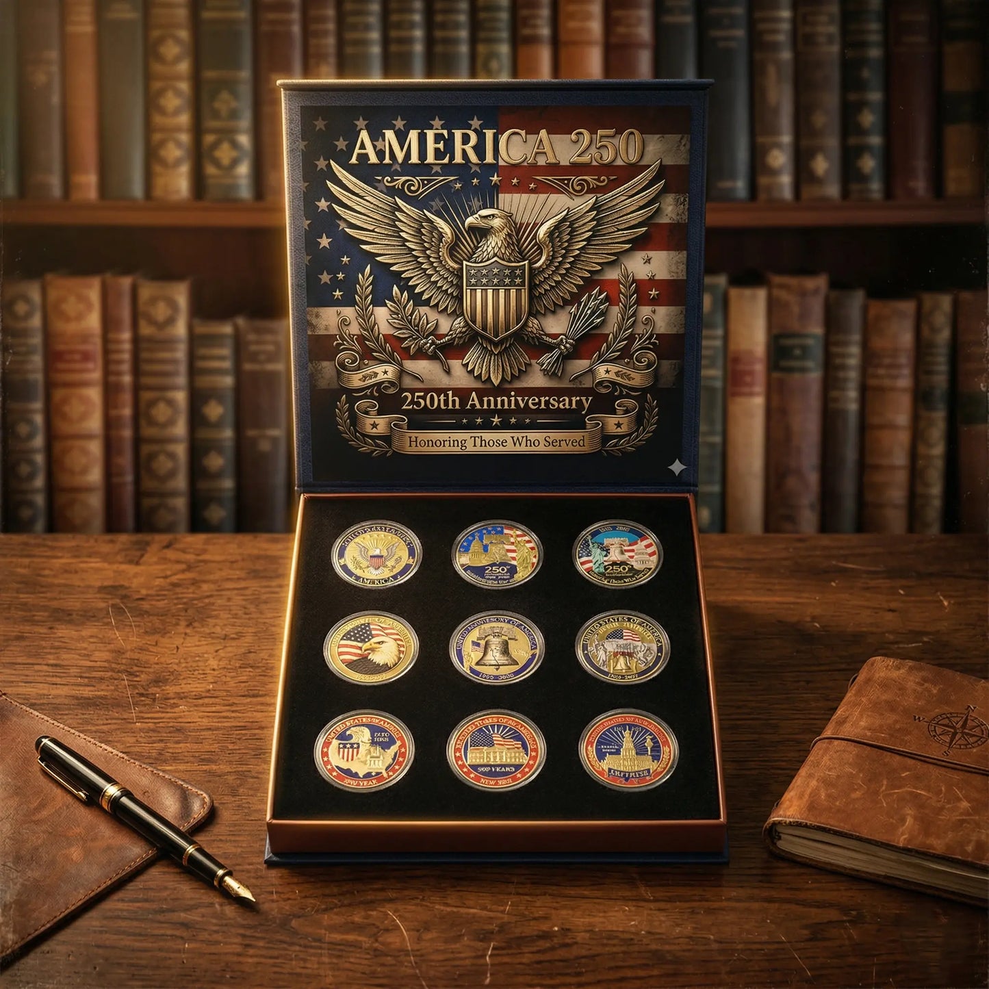 🔥Last Day 69% OFF🔥9PCS USA 250th Anniversary Commemorative Coin Gift Set, 2026 Patriotic Gift for Veterans, 250th Anniversary Collectors