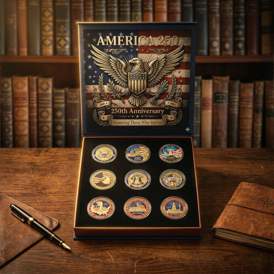 🔥Last Day 69% OFF🔥9PCS USA 250th Anniversary Commemorative Coin Gift Set, 2026 Patriotic Gift for Veterans, 250th Anniversary Collectors