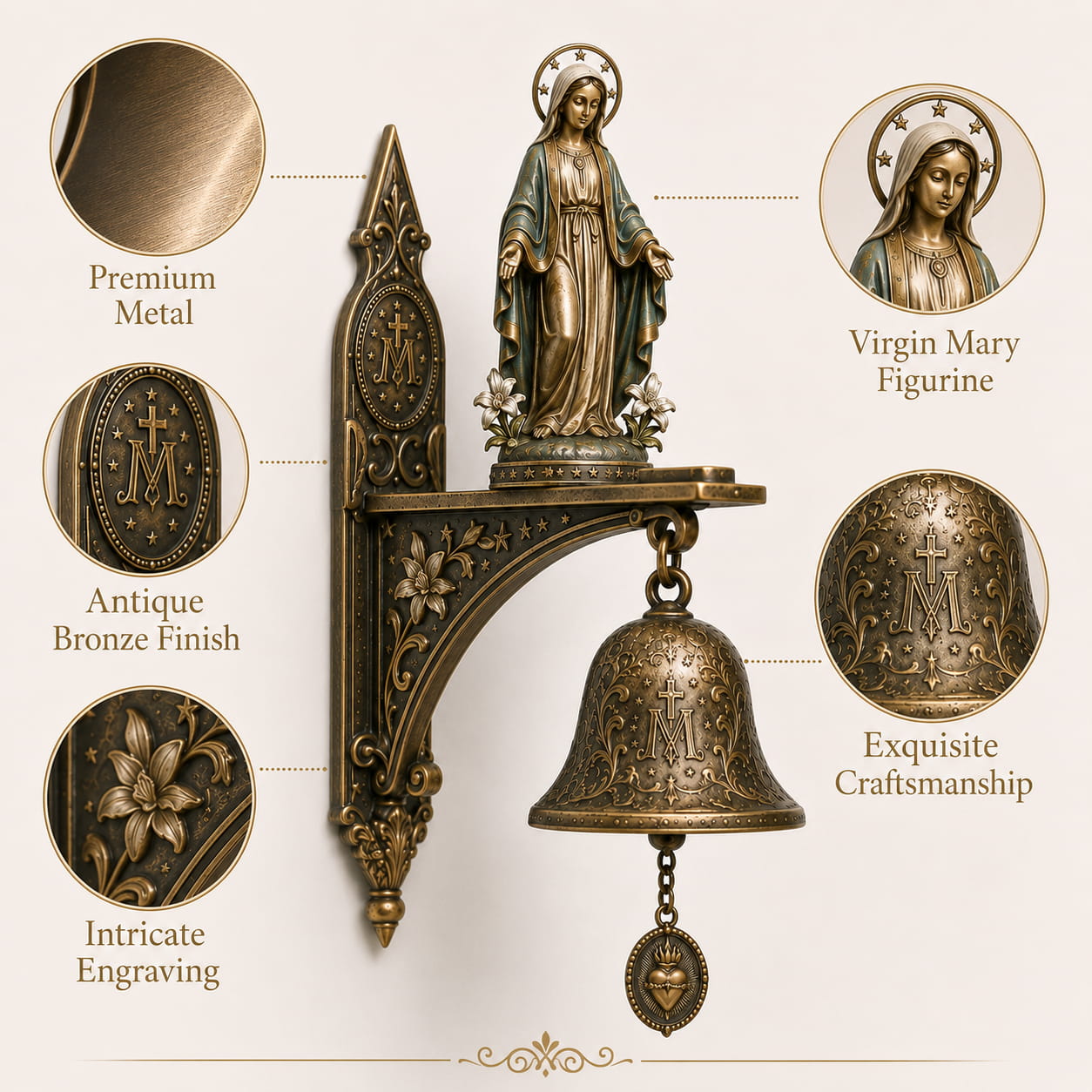 ✝️Miraculous Virgin Mary Wall Mount Bell, Antique Bronze Religious Door Bell, Catholic Blessing Home Decor Gift