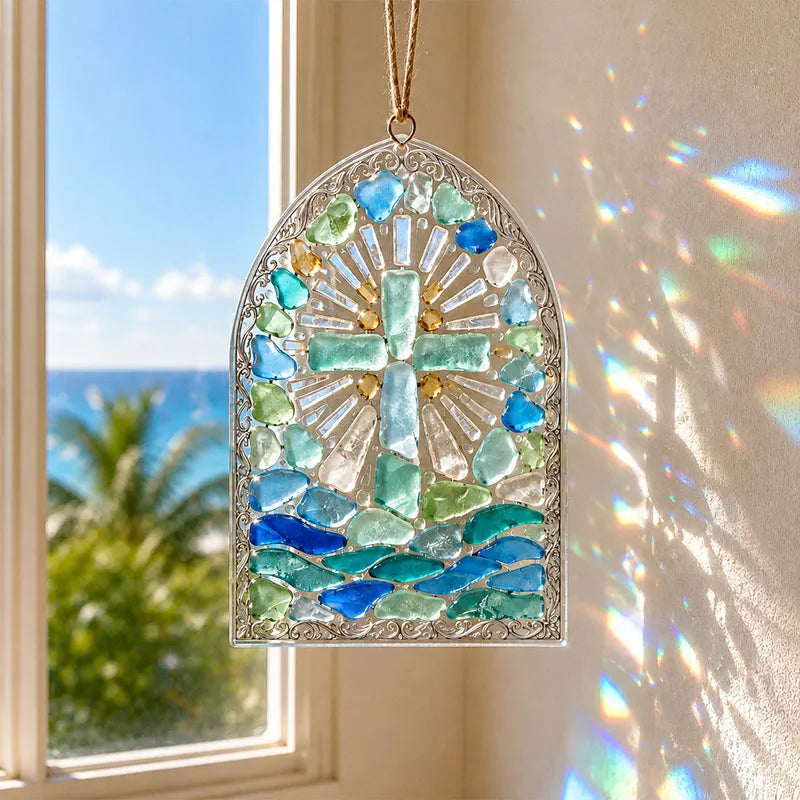 🎅 2026 Christmas Gift 50% Off--“Be Still” Christian Sea Glass Suncatcher DIY Kit – Cross & Ocean Wave Stained Glass Craft, Psalm 46:10 Faith-Inspired Window Décor and Religious Gift
