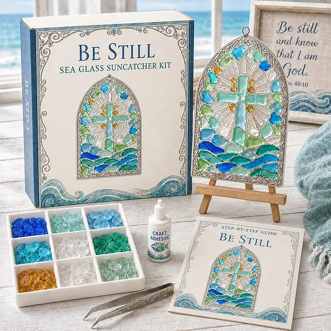 🎅 2026 Christmas Gift 50% Off--“Be Still” Christian Sea Glass Suncatcher DIY Kit – Cross & Ocean Wave Stained Glass Craft, Psalm 46:10 Faith-Inspired Window Décor and Religious Gift