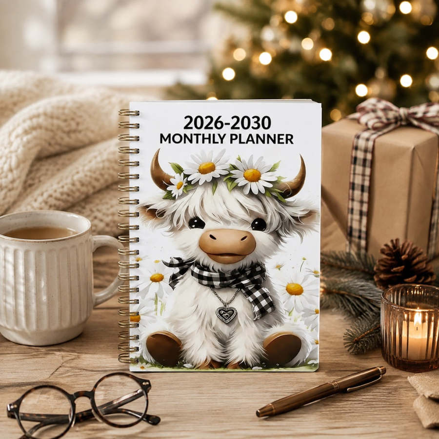 2026-2030 Calendar - From January 2026 to December 2030, 5-year calendar, cartoon Highland cow themed cover design, annual calendar planning, month labels, 60-month calendar