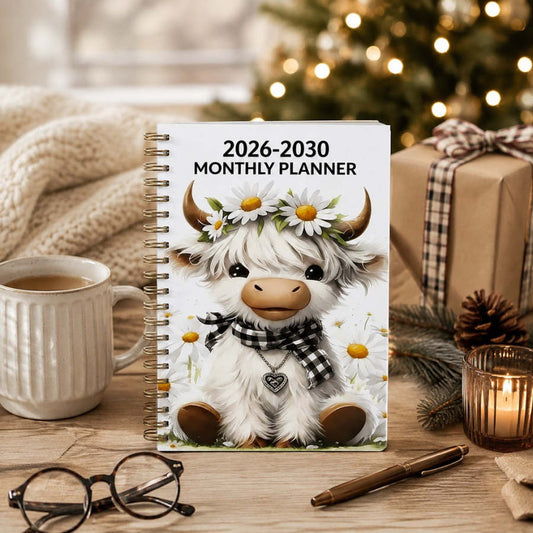 2026-2030 Calendar - From January 2026 to December 2030, 5-year calendar, cartoon Highland cow themed cover design, annual calendar planning, month labels, 60-month calendar