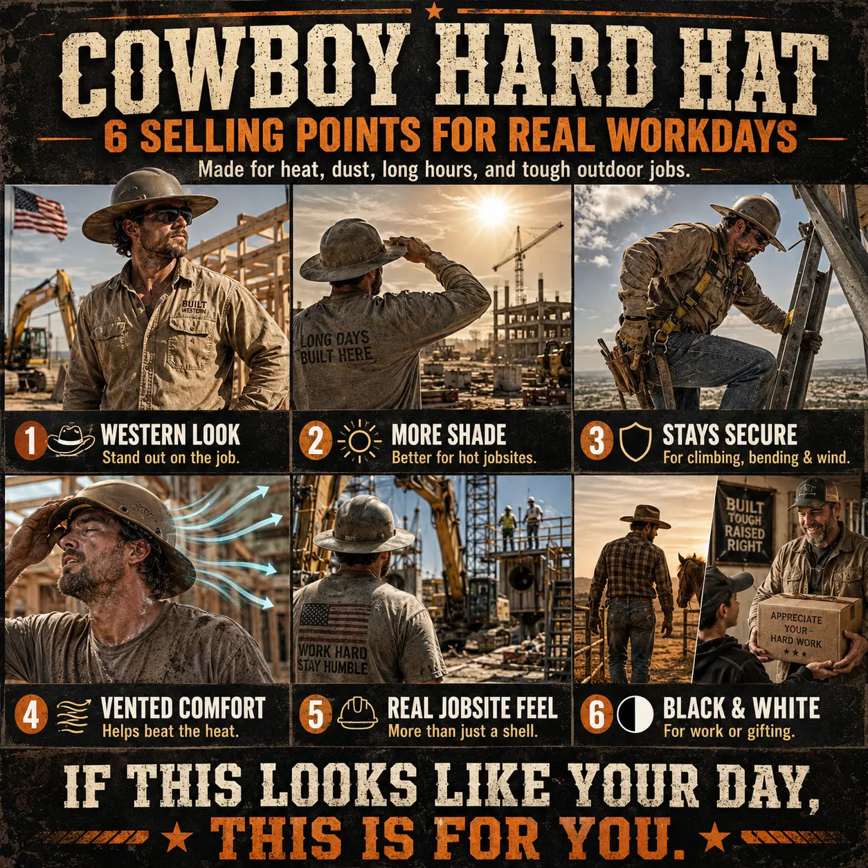 🤠Cowboy Hard Hat for Men Western Style Work Helmet with Chin Strap Wide Brim Vented Design