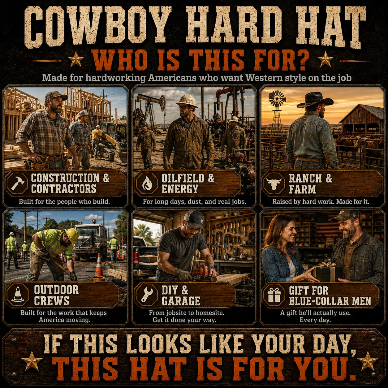 🤠Cowboy Hard Hat for Men Western Style Work Helmet with Chin Strap Wide Brim Vented Design