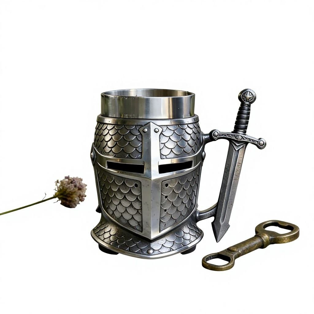 Medieval Knight Helmet, Metal Beer Mug, Armor Scale, Armor Texture, 3D Relief Sculpture Art