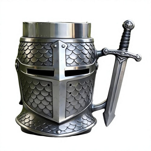 Medieval Knight Helmet, Metal Beer Mug, Armor Scale, Armor Texture, 3D Relief Sculpture Art