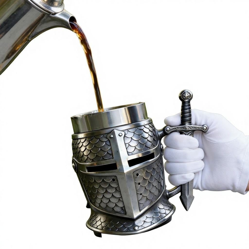 Medieval Knight Helmet, Metal Beer Mug, Armor Scale, Armor Texture, 3D Relief Sculpture Art