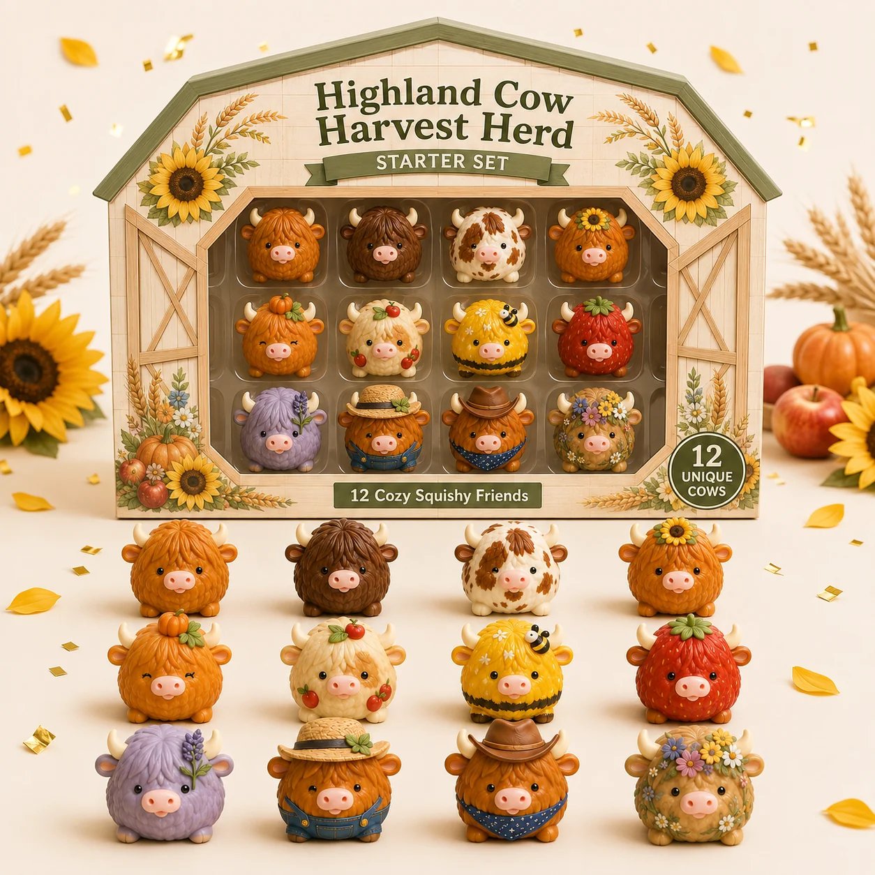 ⏳ Last Day 50% OFF – Highland Cow Harvest Herd Squishy Set (📦Buy 2 Free Shipping)