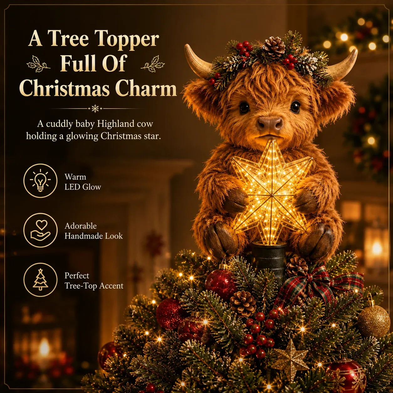 🎄Baby Highland Cow Glowing Star Tree Topper✨