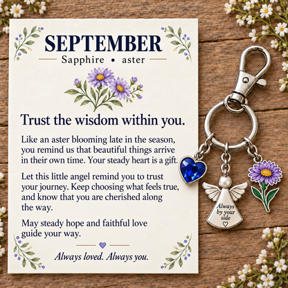 ⏳ Last Day 50% OFF —👼 Always By Your Side: Birth Month Angel & Flower Keychain + Keepsake Card 🌸