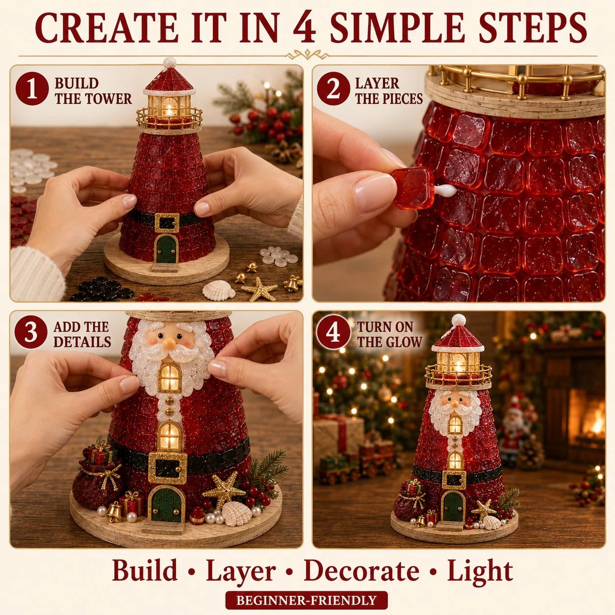 ⏳ Last Day 49% OFF – 🎄Beginner-Friendly DIY Lighted Christmas Character Sea Glass-Style Lighthouse Kit Collection | Complete Kit with Sea Glass-Style Pieces, LED Lights & Step-by-Step Guide Included 💕