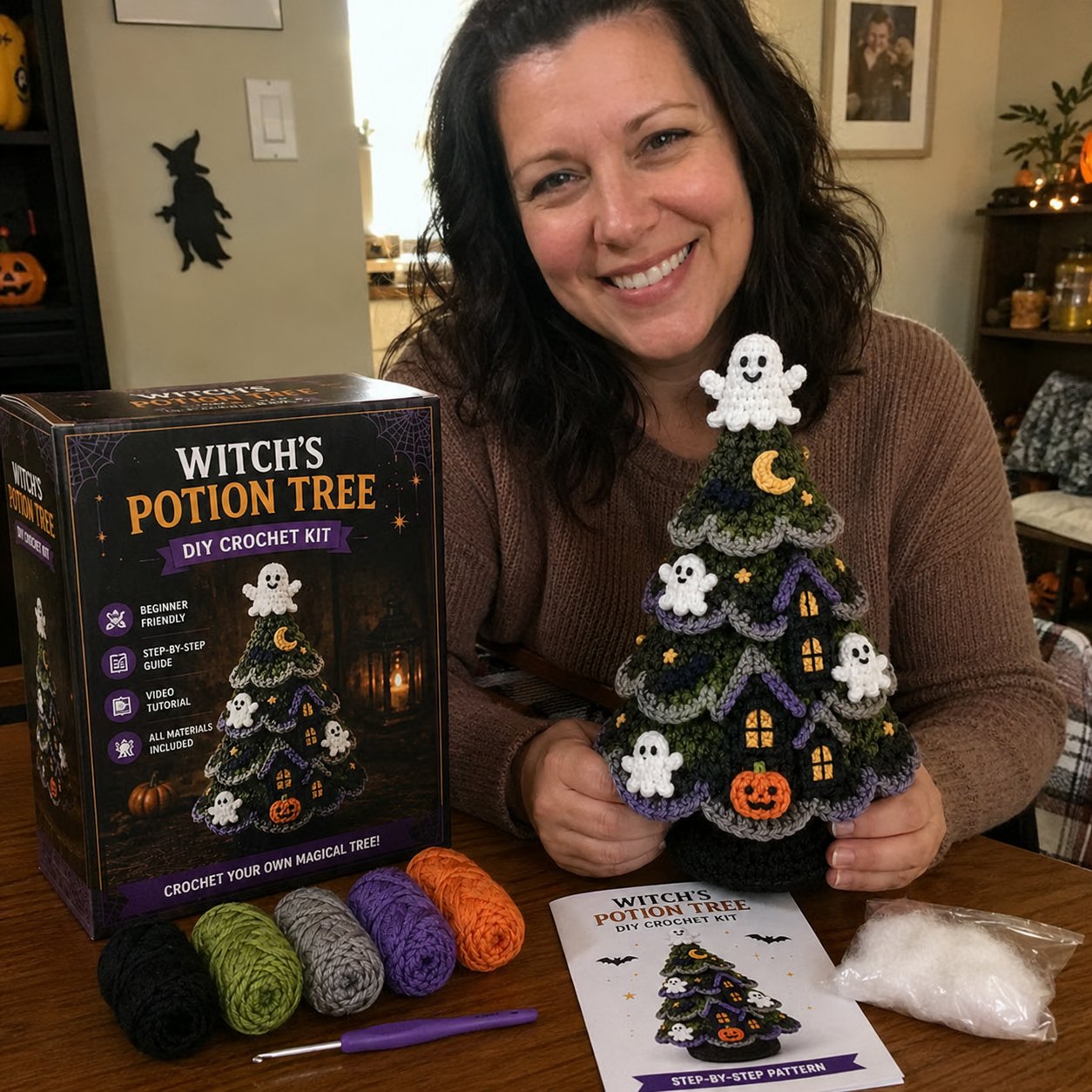Halloween Tree DIY Crochet Kit | All-In-One Kit for a Layered 7-Inch Spooky Tabletop Decoration 🧶👻✨