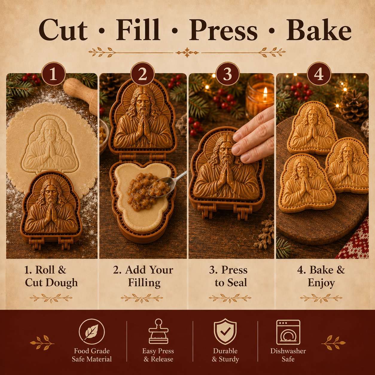 🔥HOT SALE 49% OFF✝️ Faith & Nativity Christmas Mini Pie Mold Collection | Reusable Embossed Molds for Shaping Detailed Praying Jesus, Nativity Stable and so on Pies🥧✨