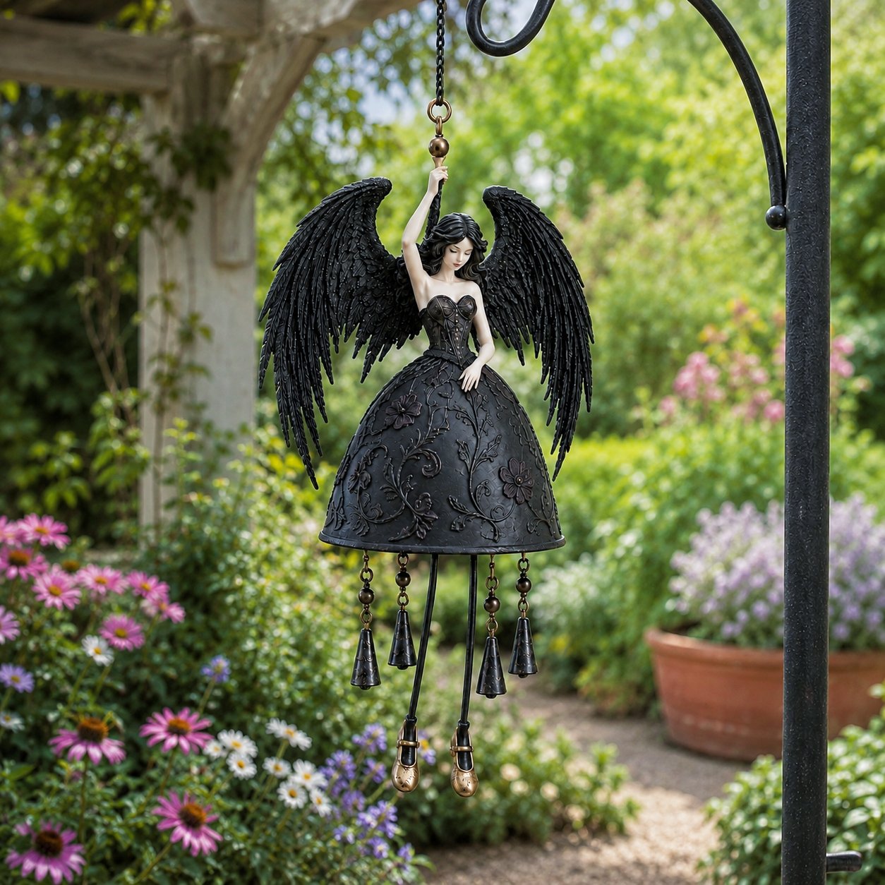 🖤 Dark Angel Gothic Wind Chime – Enchanting Outdoor Garden Hanging Decor