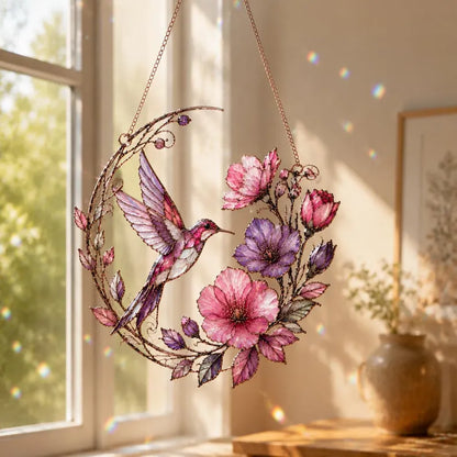 Hummingbird Floral Stained Glass Style Acrylic Suncatcher Window Hanging Ornament