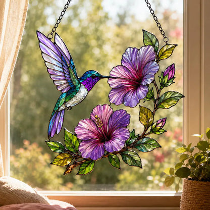 Hummingbird Floral Stained Glass Style Acrylic Suncatcher Window Hanging Ornament
