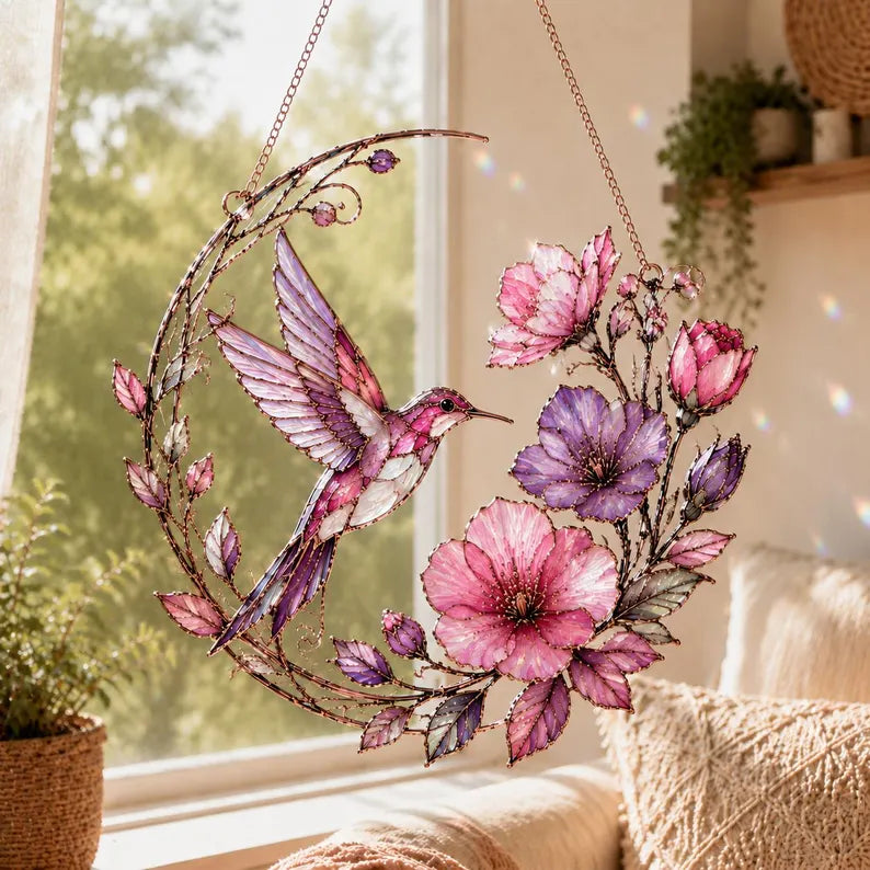 Hummingbird Floral Stained Glass Style Acrylic Suncatcher Window Hanging Ornament
