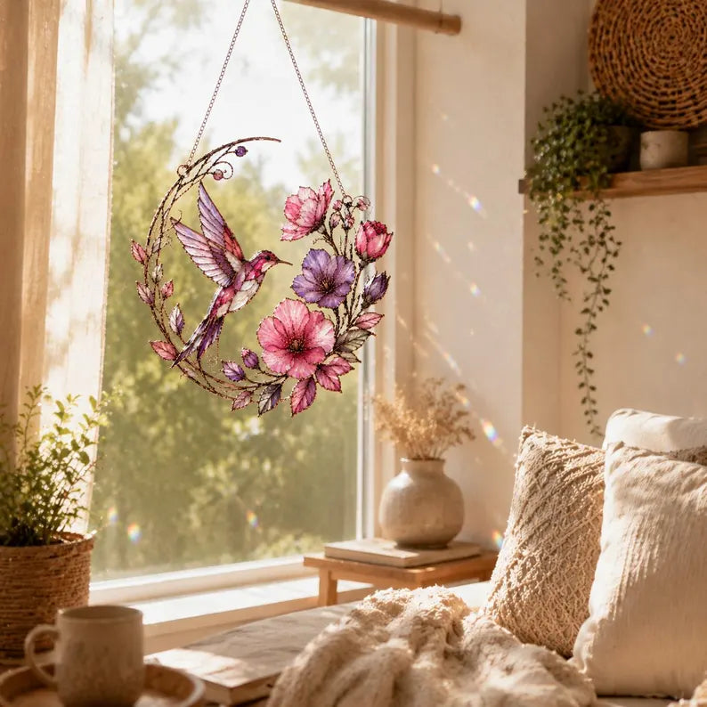 Hummingbird Floral Stained Glass Style Acrylic Suncatcher Window Hanging Ornament